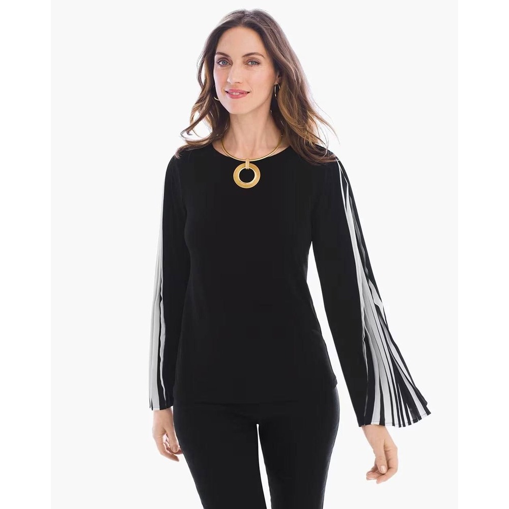 NWT Chicos Pleated Sleeve Top 1 Petite M Black White Accordion Contrast Knit